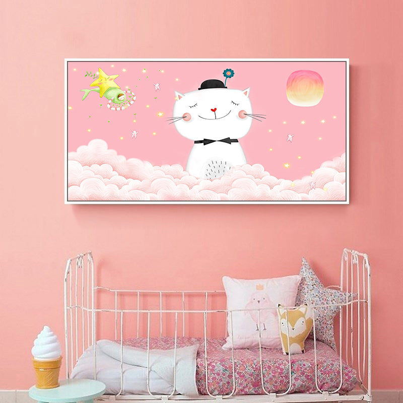 Cartoon Animal Canvas Print Pastel Color Fairy Tale Wall Art Decor for Nursery School White Clearhalo 'Art Gallery' 'Canvas Art' 'Kids' Arts' 1861283