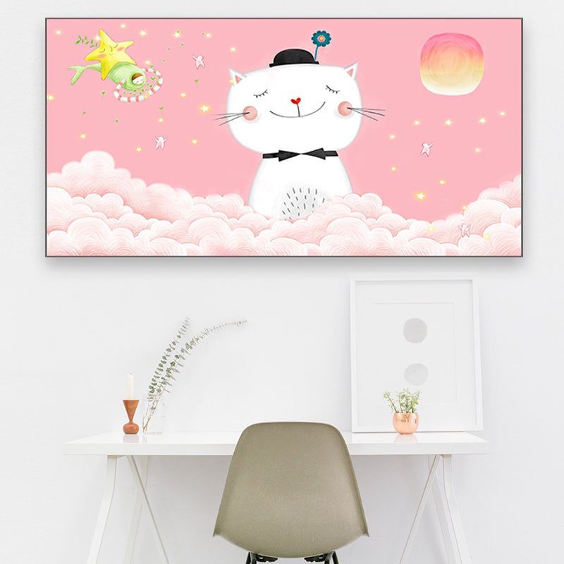 Cartoon Animal Canvas Print Pastel Color Fairy Tale Wall Art Decor for Nursery School Clearhalo 'Art Gallery' 'Canvas Art' 'Kids' Arts' 1861284