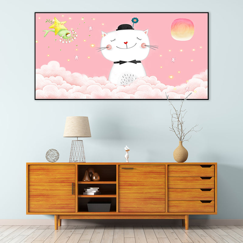 Cartoon Animal Canvas Print Pastel Color Fairy Tale Wall Art Decor for Nursery School Clearhalo 'Art Gallery' 'Canvas Art' 'Kids' Arts' 1861285