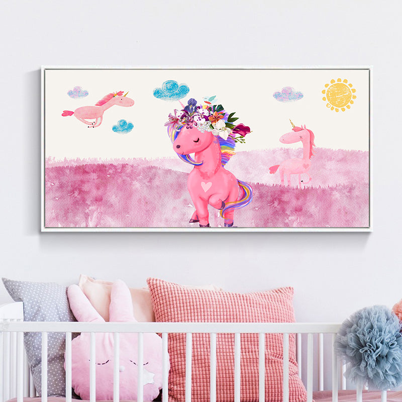 Cartoon Animal Canvas Print Pastel Color Fairy Tale Wall Art Decor for Nursery School Pink Clearhalo 'Art Gallery' 'Canvas Art' 'Kids' Arts' 1861290
