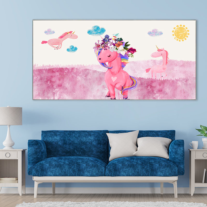 Cartoon Animal Canvas Print Pastel Color Fairy Tale Wall Art Decor for Nursery School Clearhalo 'Art Gallery' 'Canvas Art' 'Kids' Arts' 1861292