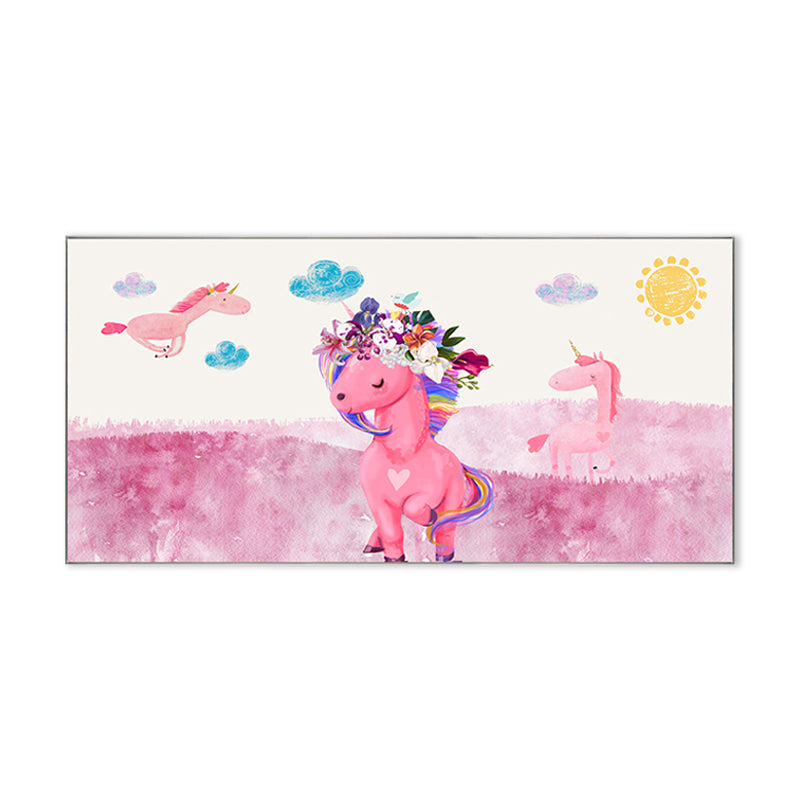 Cartoon Animal Canvas Print Pastel Color Fairy Tale Wall Art Decor for Nursery School Clearhalo 'Art Gallery' 'Canvas Art' 'Kids' Arts' 1861293