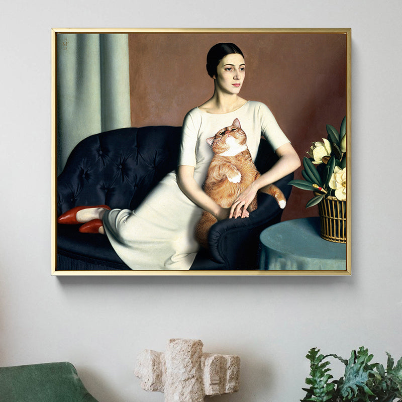 White Funky Canvas Art Painting Print Woman and Cat on the Sofa Wall Decor for House Interior Clearhalo 'Arts' 'Canvas Art' 1861295