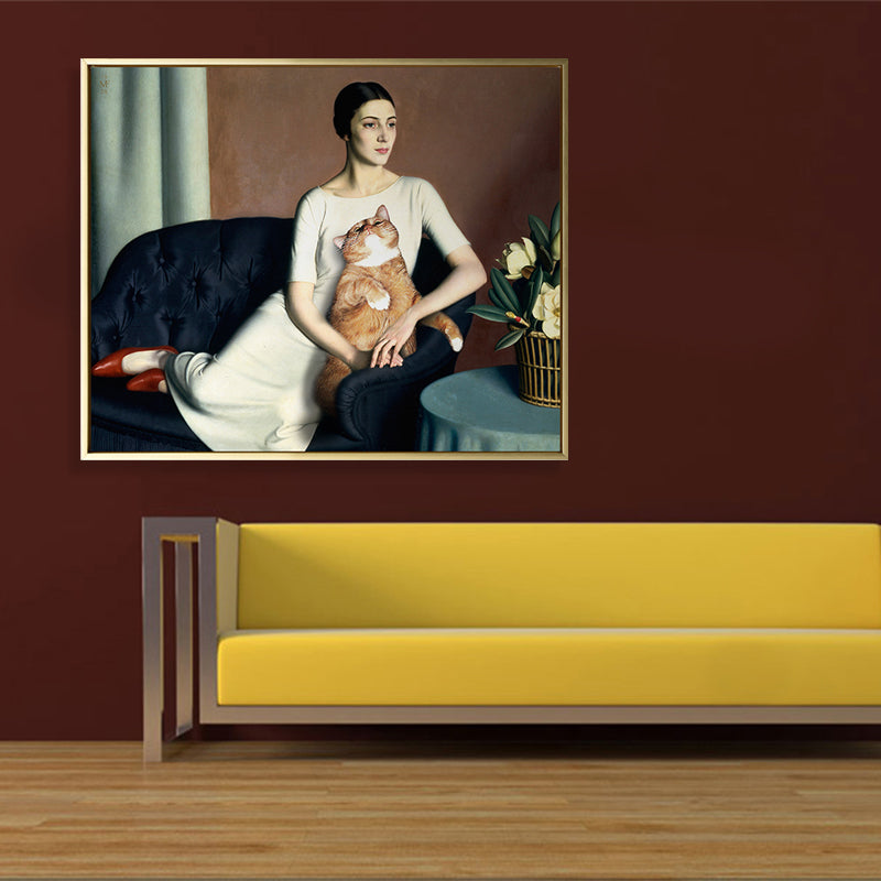 White Funky Canvas Art Painting Print Woman and Cat on the Sofa Wall Decor for House Interior Clearhalo 'Arts' 'Canvas Art' 1861296