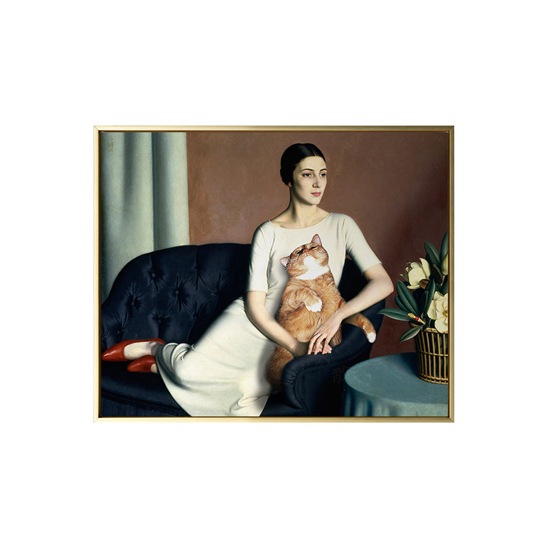 White Funky Canvas Art Painting Print Woman and Cat on the Sofa Wall Decor for House Interior Clearhalo 'Arts' 'Canvas Art' 1861297