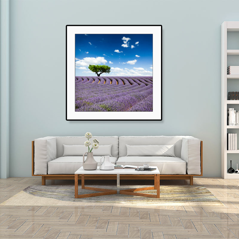 Farmhouse Lavender Landscape Painting Dark Color Living Room Wall Art Print, Textured Blue Clearhalo 'Art Gallery' 'Canvas Art' 'Country Art Gallery' 'French Country' 'Rustic' Arts' 1861409
