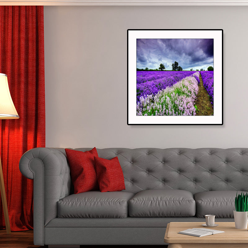 Farmhouse Lavender Landscape Painting Dark Color Living Room Wall Art Print, Textured Purple Clearhalo 'Art Gallery' 'Canvas Art' 'Country Art Gallery' 'French Country' 'Rustic' Arts' 1861415