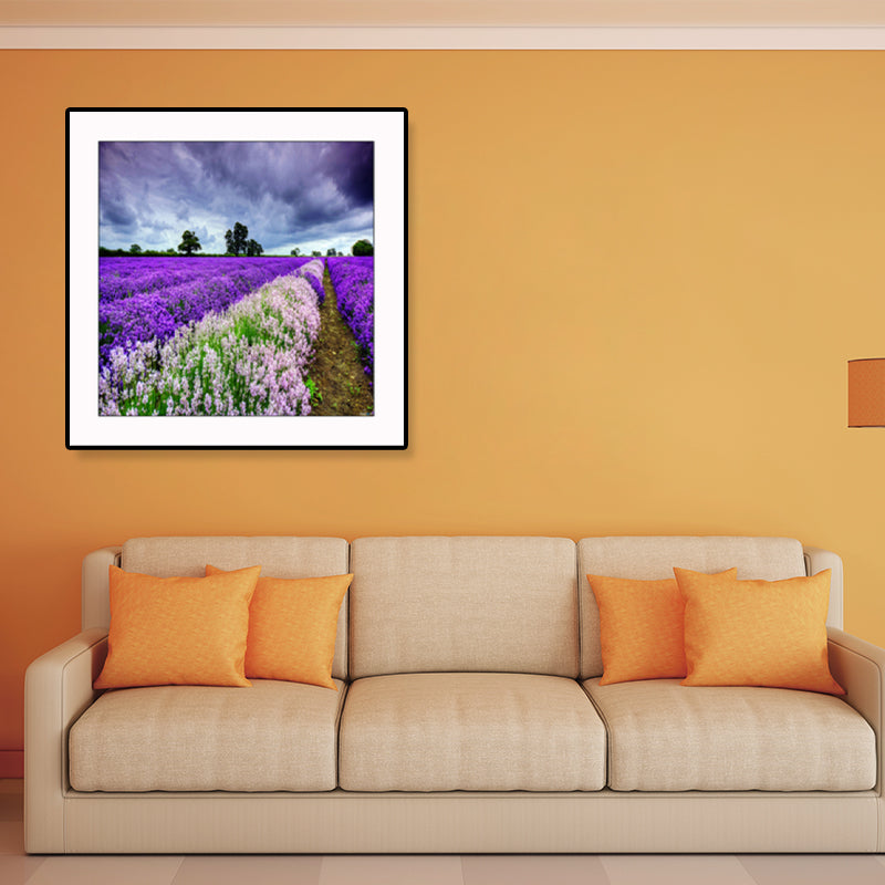 Farmhouse Lavender Landscape Painting Dark Color Living Room Wall Art Print, Textured Clearhalo 'Art Gallery' 'Canvas Art' 'Country Art Gallery' 'French Country' 'Rustic' Arts' 1861417