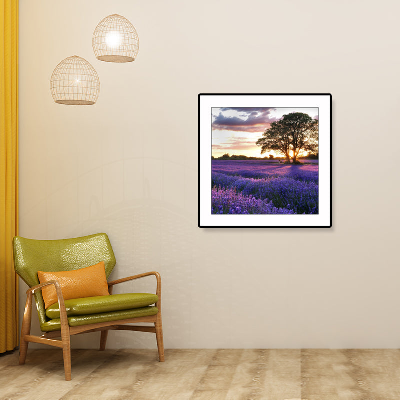 Farmhouse Lavender Landscape Painting Dark Color Living Room Wall Art Print, Textured Clearhalo 'Art Gallery' 'Canvas Art' 'Country Art Gallery' 'French Country' 'Rustic' Arts' 1861429