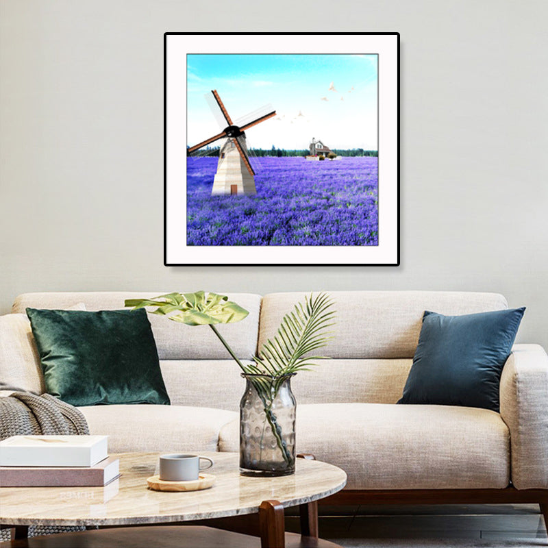 Farmhouse Lavender Landscape Painting Dark Color Living Room Wall Art Print, Textured Light Blue Clearhalo 'Art Gallery' 'Canvas Art' 'Country Art Gallery' 'French Country' 'Rustic' Arts' 1861439