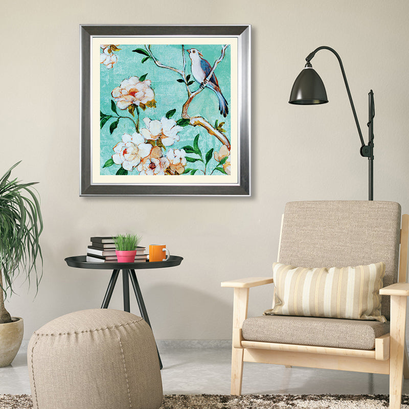 Pastel Color Flower Branch Wall Decor Florentine Rustic Textured Canvas for Drawing Room Sky Blue Clearhalo 'Art Gallery' 'Canvas Art' 'Country Art Gallery' 'French Country' 'Rustic' Arts' 1861477