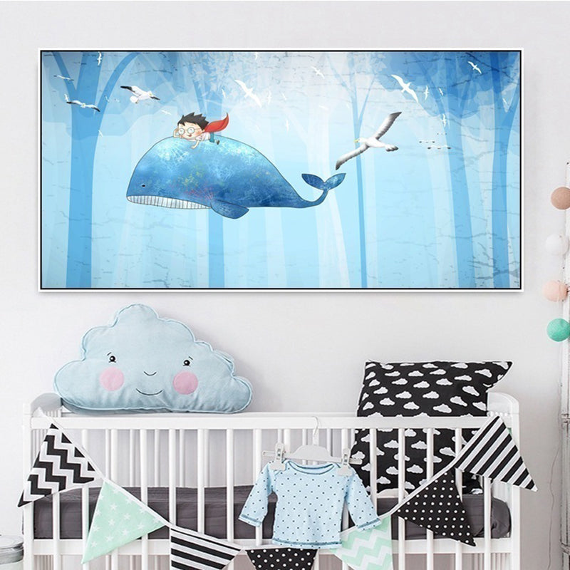 Kids Adventure with Animal Canvas Soft Color Baby Room Wall Art Print, Multiple Sizes Blue Clearhalo 'Art Gallery' 'Canvas Art' 'Kids' Arts' 1861628