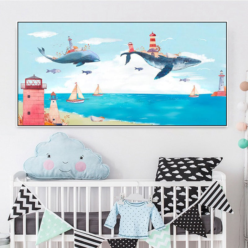 Kids Adventure with Animal Canvas Soft Color Baby Room Wall Art Print, Multiple Sizes Lake Blue Clearhalo 'Art Gallery' 'Canvas Art' 'Kids' Arts' 1861639