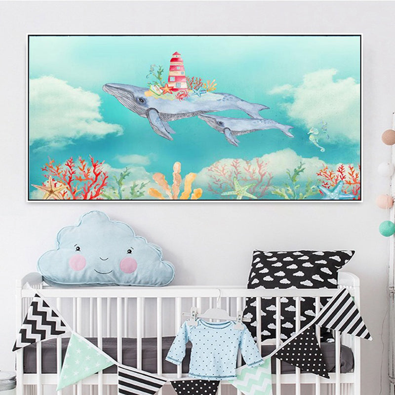 Kids Adventure with Animal Canvas Soft Color Baby Room Wall Art Print, Multiple Sizes Ocean Blue Clearhalo 'Art Gallery' 'Canvas Art' 'Kids' Arts' 1861643