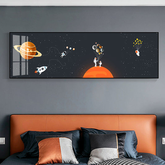 Spaceman and Planet Canvas Art Kids Style Textured Wall Decor in Soft Color for Home Black 12" x 39" Clearhalo 'Art Gallery' 'Canvas Art' 'Kids' Arts' 1861708