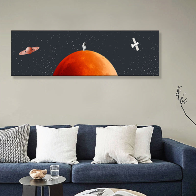 Spaceman and Planet Canvas Art Kids Style Textured Wall Decor in Soft Color for Home Orange Red 12" x 39" Clearhalo 'Art Gallery' 'Canvas Art' 'Kids' Arts' 1861717