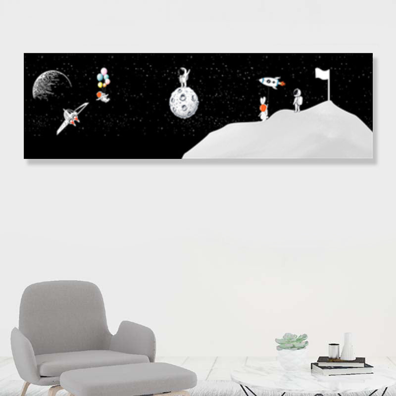 Spaceman and Planet Canvas Art Kids Style Textured Wall Decor in Soft Color for Home White 12" x 39" Clearhalo 'Art Gallery' 'Canvas Art' 'Kids' Arts' 1861721
