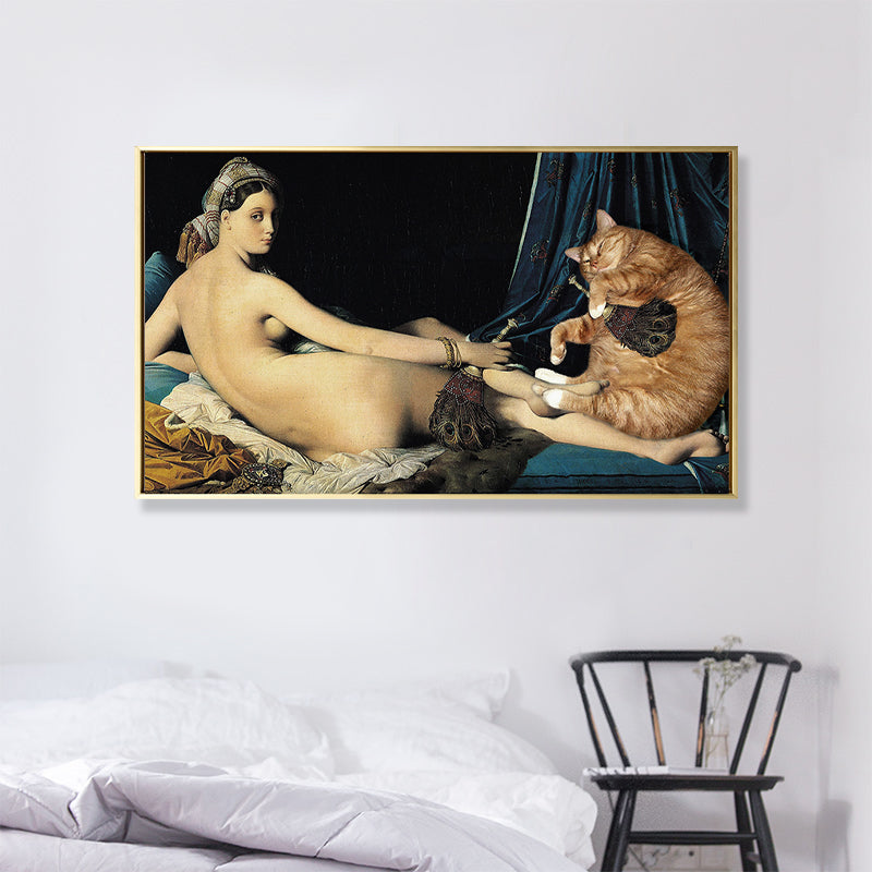 Cat and Nude Woman Art Print Funky Textured Living Room Canvas in Yellow, Multiple Sizes - Yellow - Clearhalo - 'Arts' - 'Canvas Art' - 1861820
