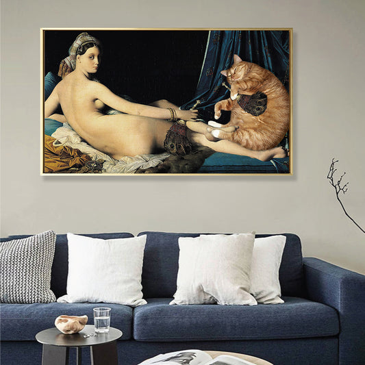 Cat and Nude Woman Art Print Funky Textured Living Room Canvas in Yellow, Multiple Sizes - Clearhalo - 'Arts' - 'Canvas Art' - 1861821