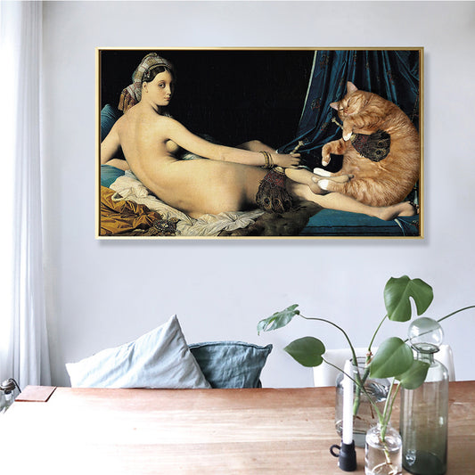 Cat and Nude Woman Art Print Funky Textured Living Room Canvas in Yellow, Multiple Sizes - Clearhalo - 'Arts' - 'Canvas Art' - 1861822