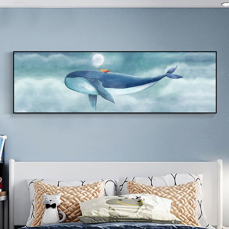 Illustrated Whale and Moon Canvas Art Soft Color Kids Style Wall Decor for Living Room Blue 12" x 39" Clearhalo 'Art Gallery' 'Canvas Art' 'Kids' Arts' 1862242