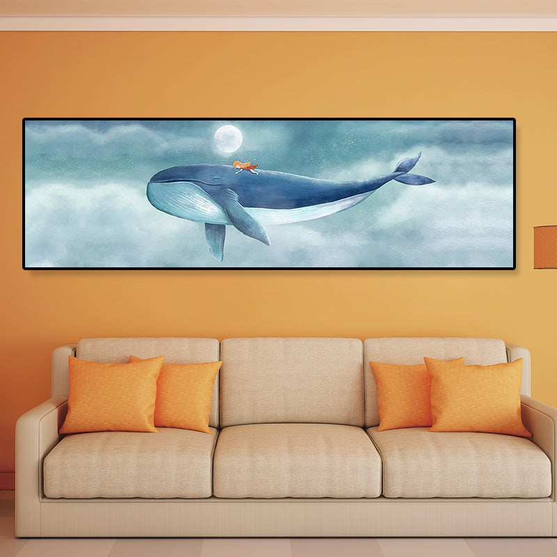 Illustrated Whale and Moon Canvas Art Soft Color Kids Style Wall Decor for Living Room Clearhalo 'Art Gallery' 'Canvas Art' 'Kids' Arts' 1862243