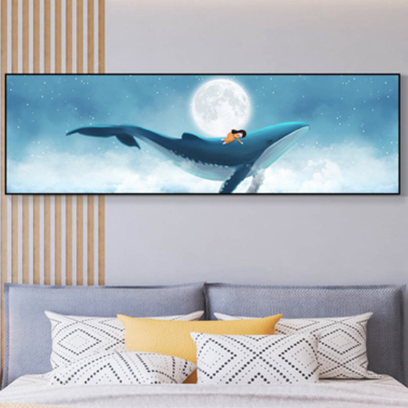 Illustrated Whale and Moon Canvas Art Soft Color Kids Style Wall Decor for Living Room Sky Blue 12" x 39" Clearhalo 'Art Gallery' 'Canvas Art' 'Kids' Arts' 1862247