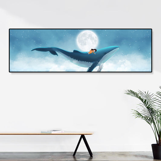 Illustrated Whale and Moon Canvas Art Soft Color Kids Style Wall Decor for Living Room Clearhalo 'Art Gallery' 'Canvas Art' 'Kids' Arts' 1862248