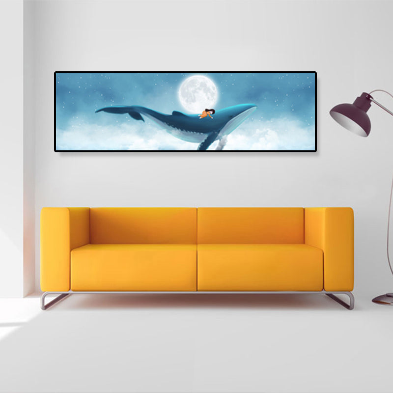 Illustrated Whale and Moon Canvas Art Soft Color Kids Style Wall Decor for Living Room Clearhalo 'Art Gallery' 'Canvas Art' 'Kids' Arts' 1862249