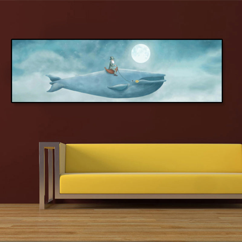 Illustrated Whale and Moon Canvas Art Soft Color Kids Style Wall Decor for Living Room Lake Blue 12" x 39" Clearhalo 'Art Gallery' 'Canvas Art' 'Kids' Arts' 1862251