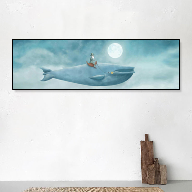 Illustrated Whale and Moon Canvas Art Soft Color Kids Style Wall Decor for Living Room Clearhalo 'Art Gallery' 'Canvas Art' 'Kids' Arts' 1862252