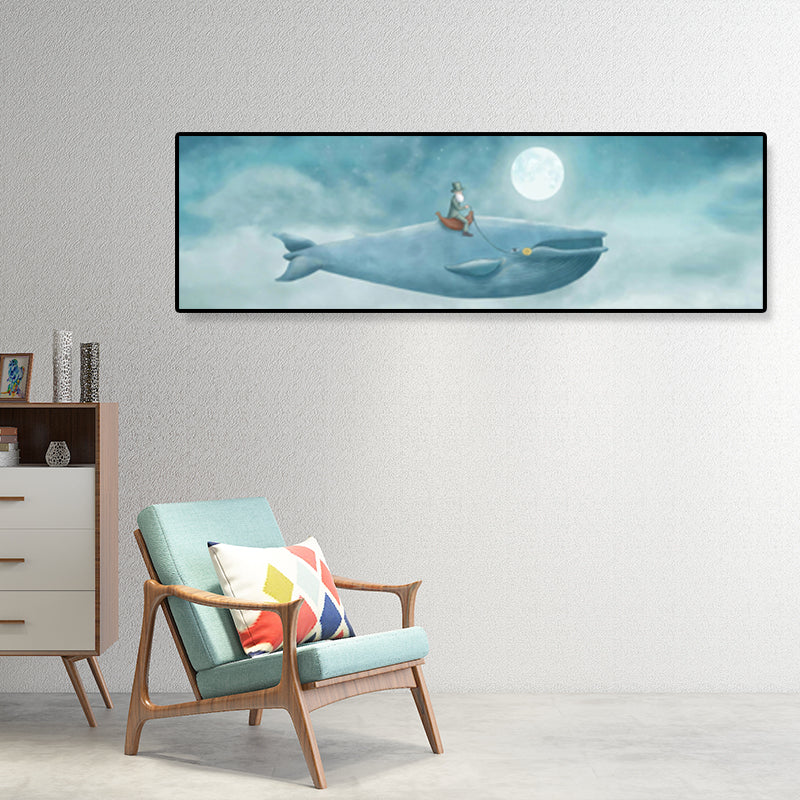 Illustrated Whale and Moon Canvas Art Soft Color Kids Style Wall Decor for Living Room Clearhalo 'Art Gallery' 'Canvas Art' 'Kids' Arts' 1862253