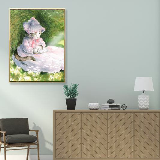 Funky Spoof Monet Painting Canvas Pastel Cat Girl Wall Art Print for Dining Room Pink