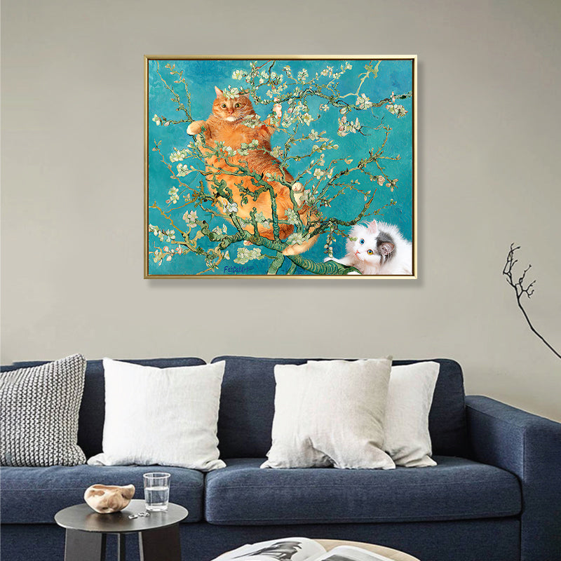 Yellow Cat in Branch Canvas Art Nordic Style Textured Girls Bedroom Wall Decor in Blue
