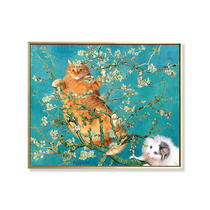 Yellow Cat in Branch Canvas Art Nordic Style Textured Girls Bedroom Wall Decor in Blue