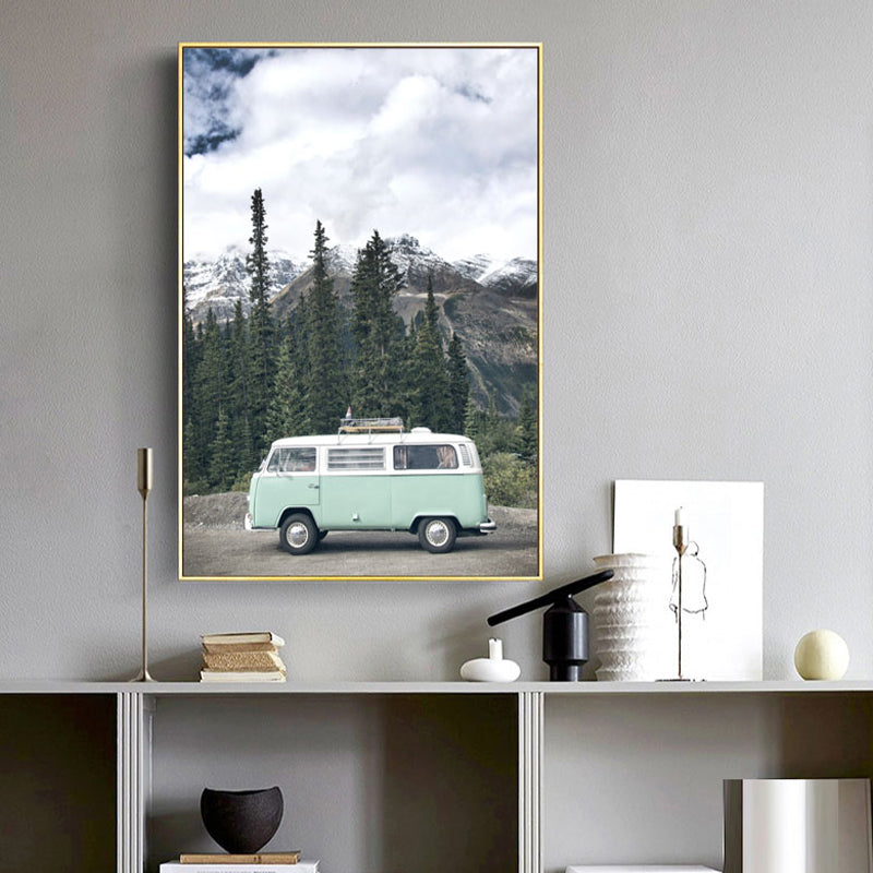 Mini Van in Forest Canvas Print Contemporary Textured Drawing Room Wall Art Decor Green Clearhalo 'Art Gallery' 'Canvas Art' 'Contemporary Art Gallery' 'Modern' Arts' 1862465