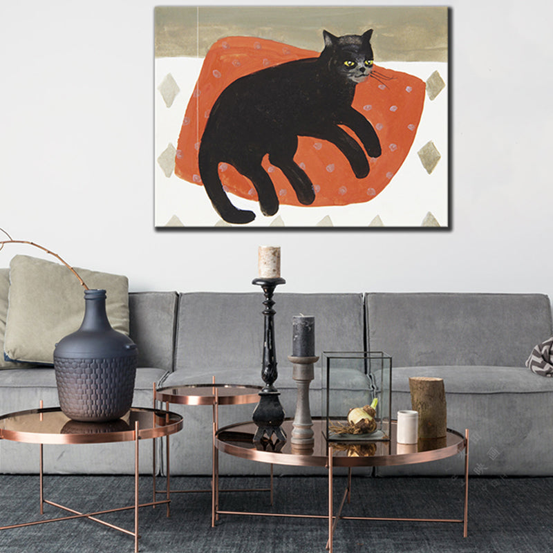 Cat on Pillow Wall Decor Modern Domestic Animal Wrapped Canvas in Red for Family Room Red Clearhalo 'Art Gallery' 'Canvas Art' 'Contemporary Art Gallery' 'Modern' Arts' 1862522