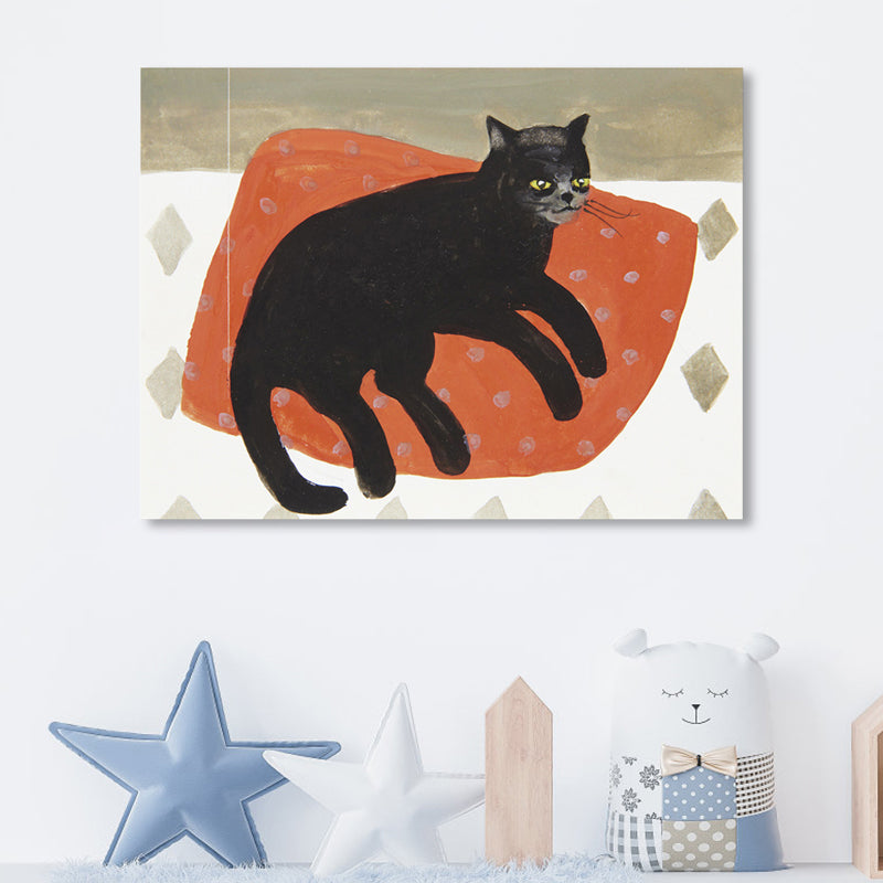 Cat on Pillow Wall Decor Modern Domestic Animal Wrapped Canvas in Red for Family Room Clearhalo 'Art Gallery' 'Canvas Art' 'Contemporary Art Gallery' 'Modern' Arts' 1862523