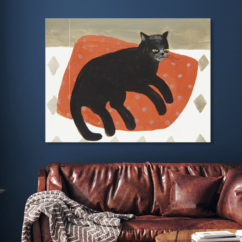 Cat on Pillow Wall Decor Modern Domestic Animal Wrapped Canvas in Red for Family Room Clearhalo 'Art Gallery' 'Canvas Art' 'Contemporary Art Gallery' 'Modern' Arts' 1862524
