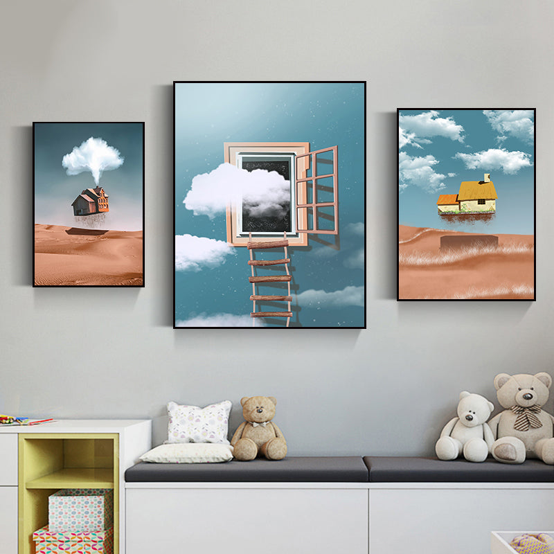 House Building View Canvas Surrealism Style Textured Wall Art Decor in Light Color