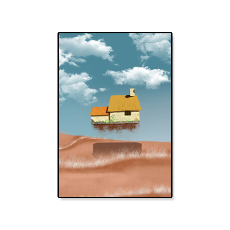 House Building View Canvas Surrealism Style Textured Wall Art Decor in Light Color