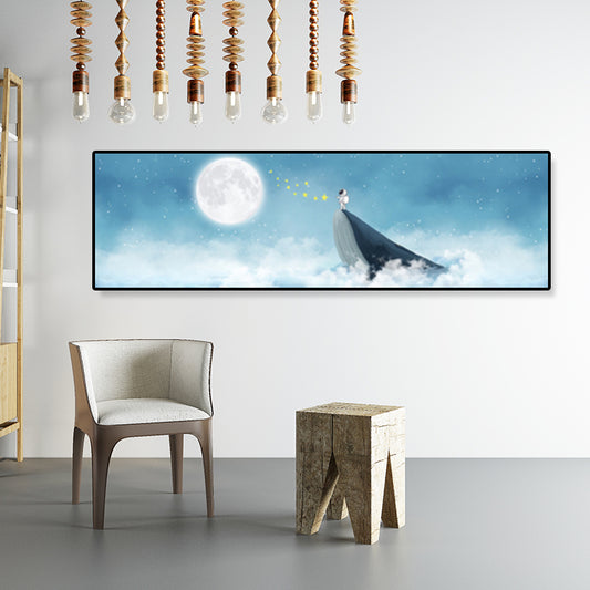 Soft Color Illustrated Whale Wrapped Canvas Textured Children's Art Living Room Wall Decor Lake Blue 12" x 39" Clearhalo 'Art Gallery' 'Canvas Art' 'Kids' Arts' 1862778