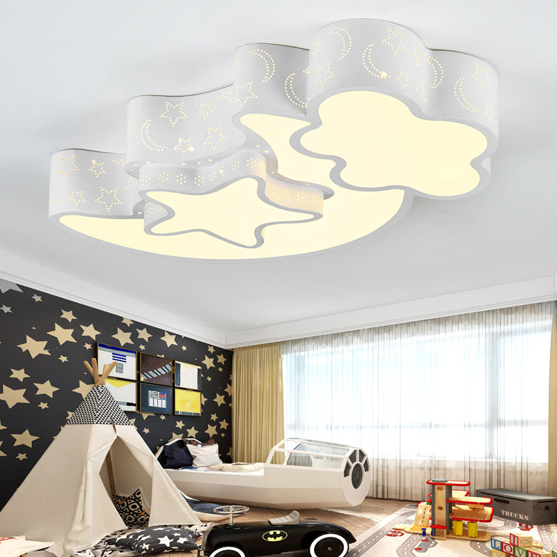 Metal Etched Star Moon Flush Ceiling Light Modern Style Ceiling Fixture in White for Foyer White Clearhalo 'Ceiling Lights' 'Close To Ceiling Lights' 'Close to ceiling' 'Flush mount' Lighting' 186289
