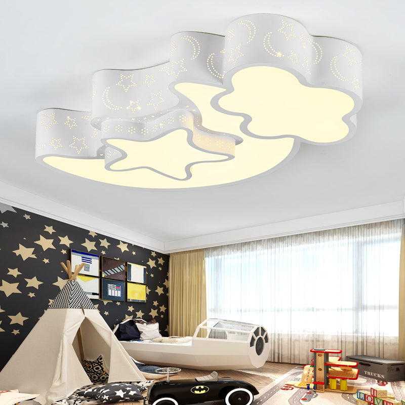 Metal Etched Star Moon Flush Ceiling Light Modern Style Ceiling Fixture in White for Foyer White Clearhalo 'Ceiling Lights' 'Close To Ceiling Lights' 'Close to ceiling' 'Flush mount' Lighting' 186289
