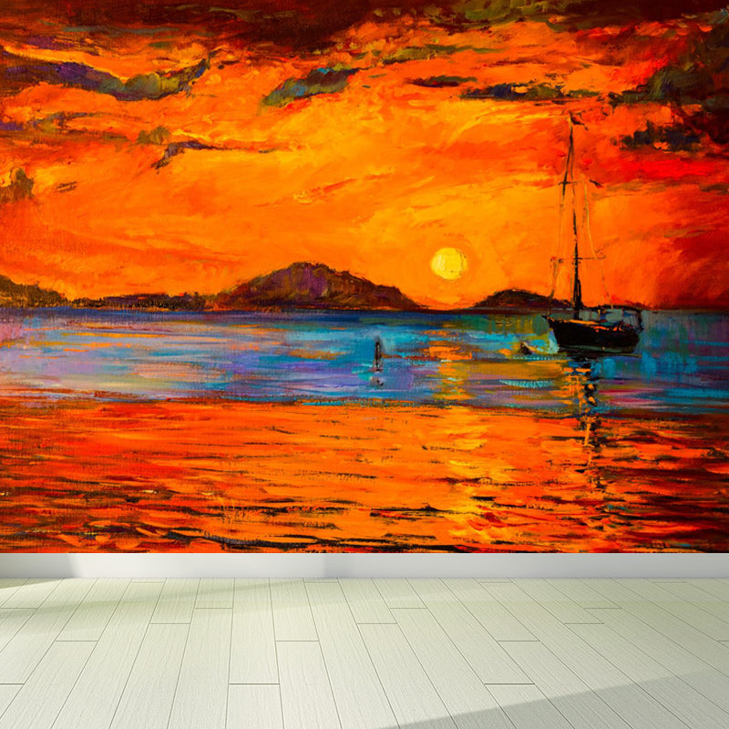 Seaside Sunset View Mural Decal Pastel Color Classic Wall Covering for Living Room Orange Clearhalo 'Wall Decor' 'Wall Mural' 1863011