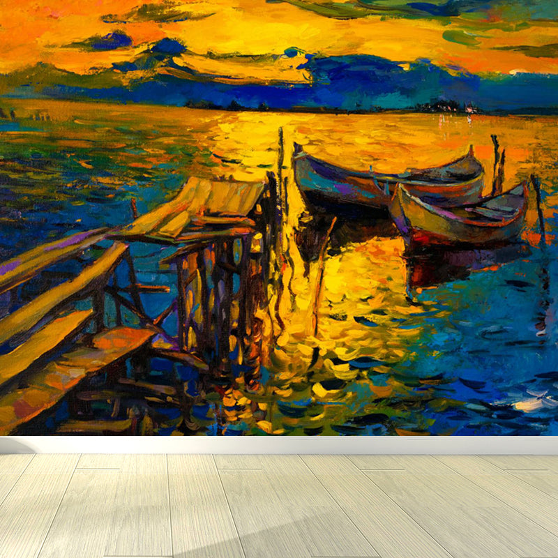 Seaside Sunset View Mural Decal Pastel Color Classic Wall Covering for Living Room Dark Brown Clearhalo 'Wall Decor' 'Wall Mural' 1863016