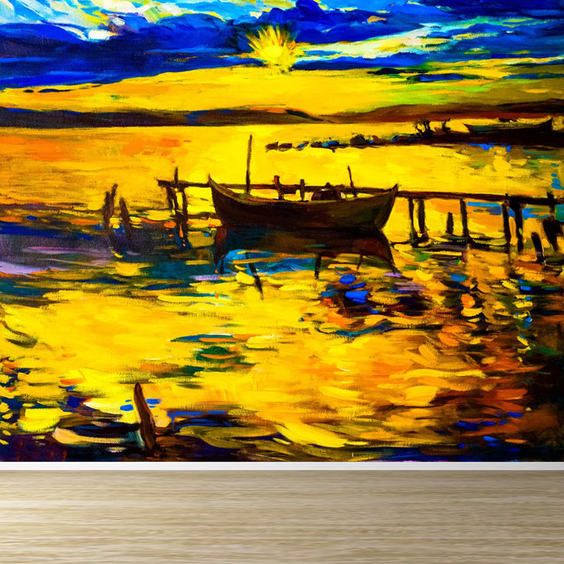 Seaside Sunset View Mural Decal Pastel Color Classic Wall Covering for Living Room Yellow Clearhalo 'Wall Decor' 'Wall Mural' 1863031