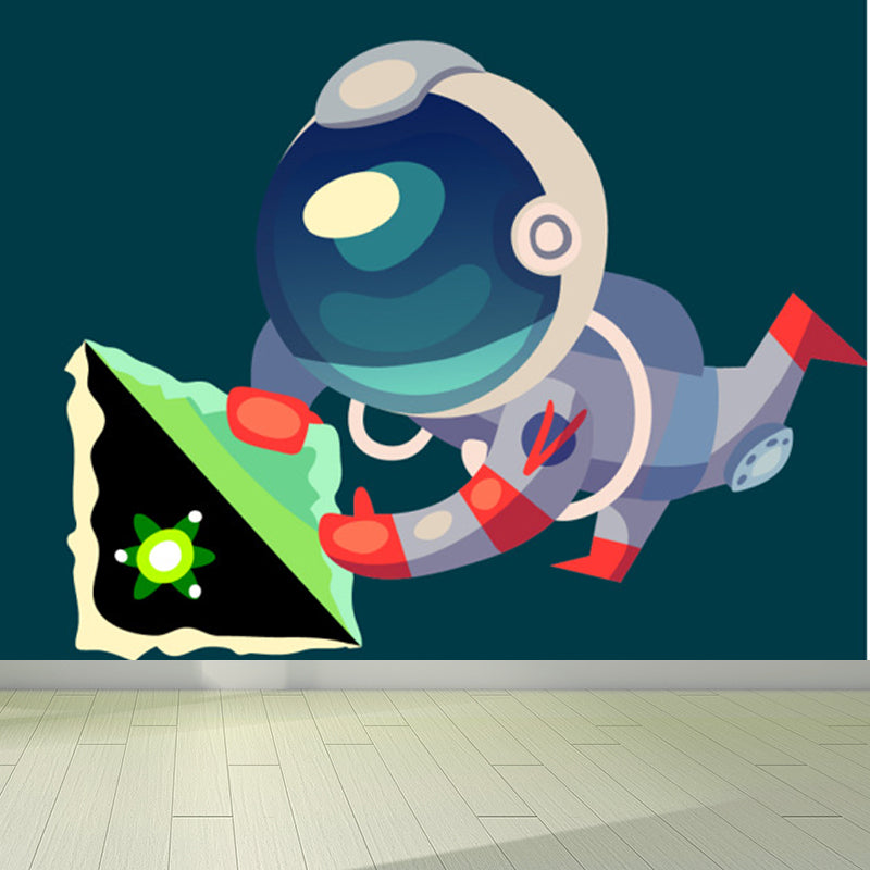 Illustration Style Astronaut Mural Giant Wall Covering for Dining Room, Custom Printed Green Clearhalo 'Wall Decor' 'Wall Mural' 1863116