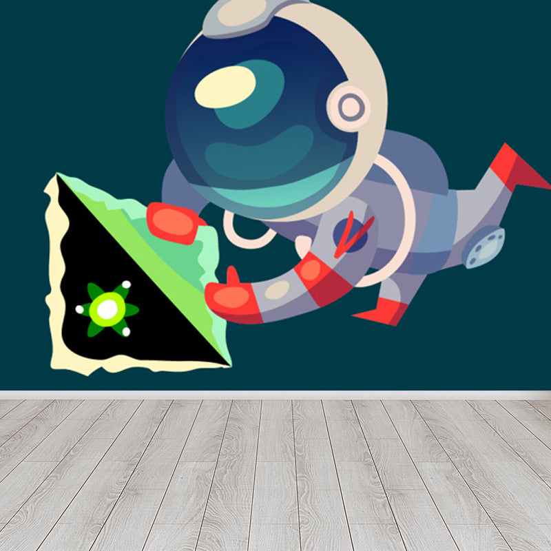 Illustration Style Astronaut Mural Giant Wall Covering for Dining Room, Custom Printed Clearhalo 'Wall Decor' 'Wall Mural' 1863117