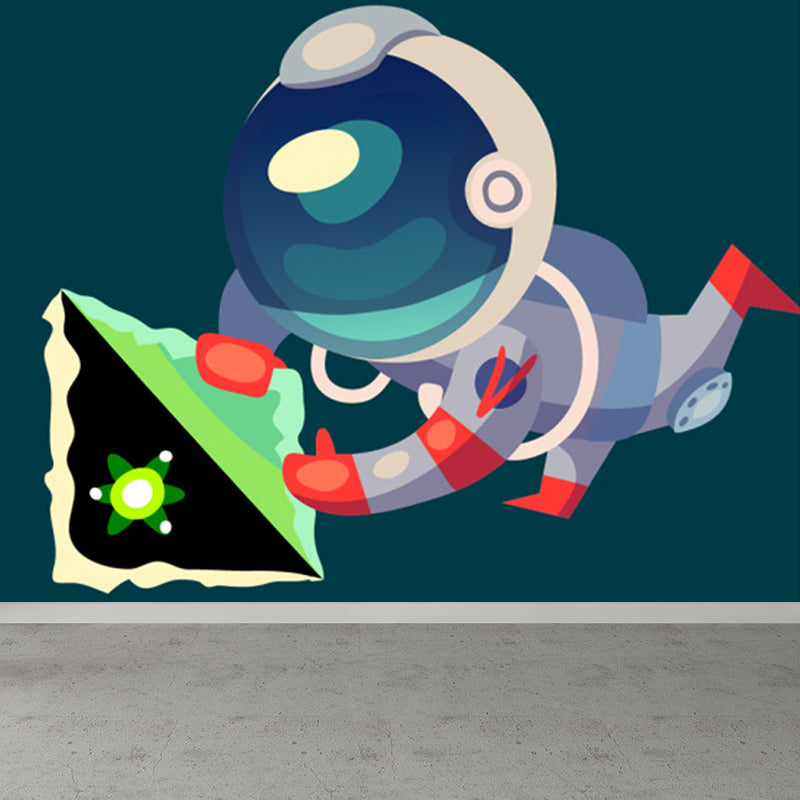 Illustration Style Astronaut Mural Giant Wall Covering for Dining Room, Custom Printed Clearhalo 'Wall Decor' 'Wall Mural' 1863118